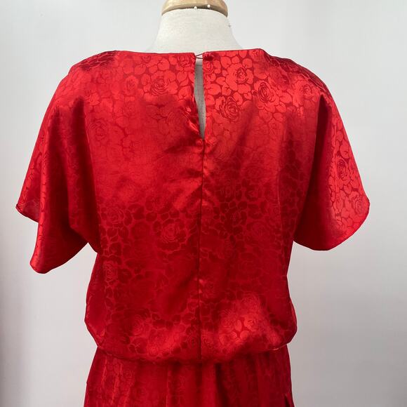 Vintage 80s Brocade Midi Dress Embossed Floral Pattern Blouson Pleated Red 10 - Picture 5 of 11